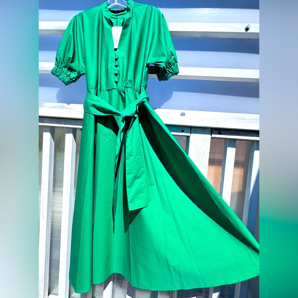 ZARA New With Tag Emerald Green Long Dress With Sash Belt 100% Cotton Twill Sz M